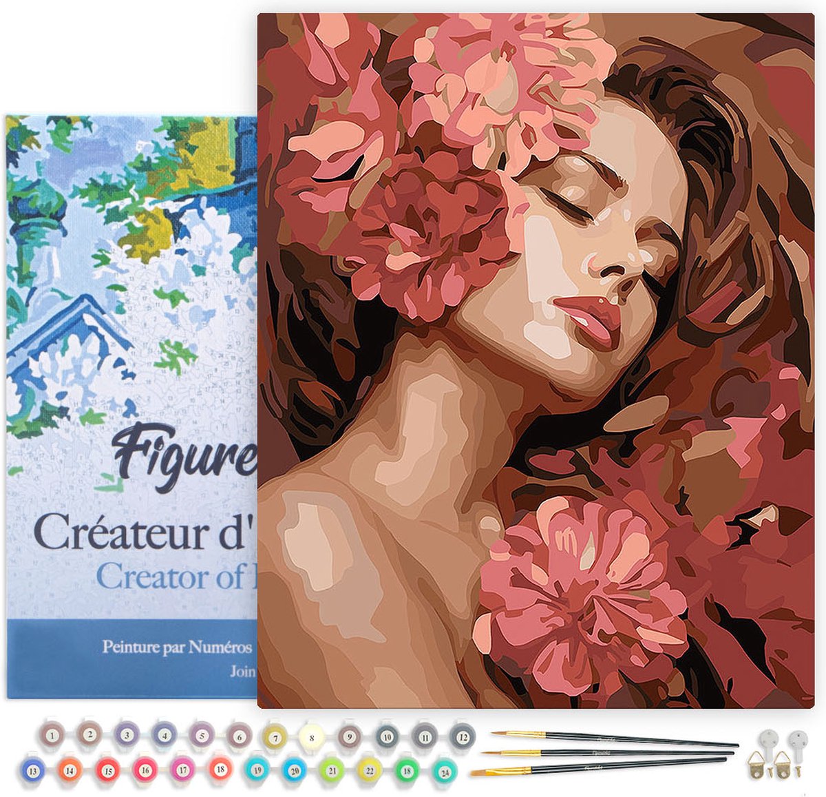 FiguredArt Schilderen op Nummer Volwassenen met lijst Camelias Slapende Schoonheid - Handwerk acrylverf Kit DIY Compleet - 40x50cm Canvas al ingelijst